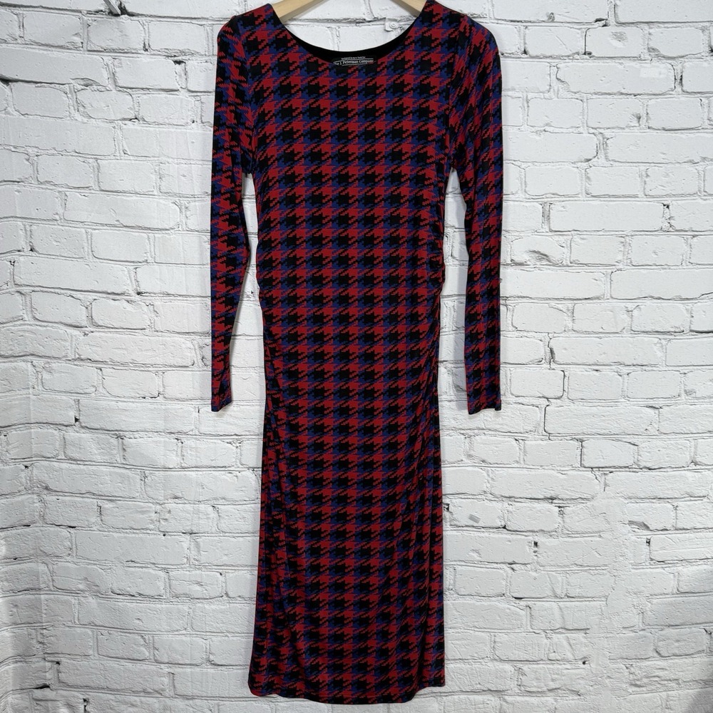 J. Peterman Printed Secret Keeper Dress Size M Midi Houndstooth Ruched Lined